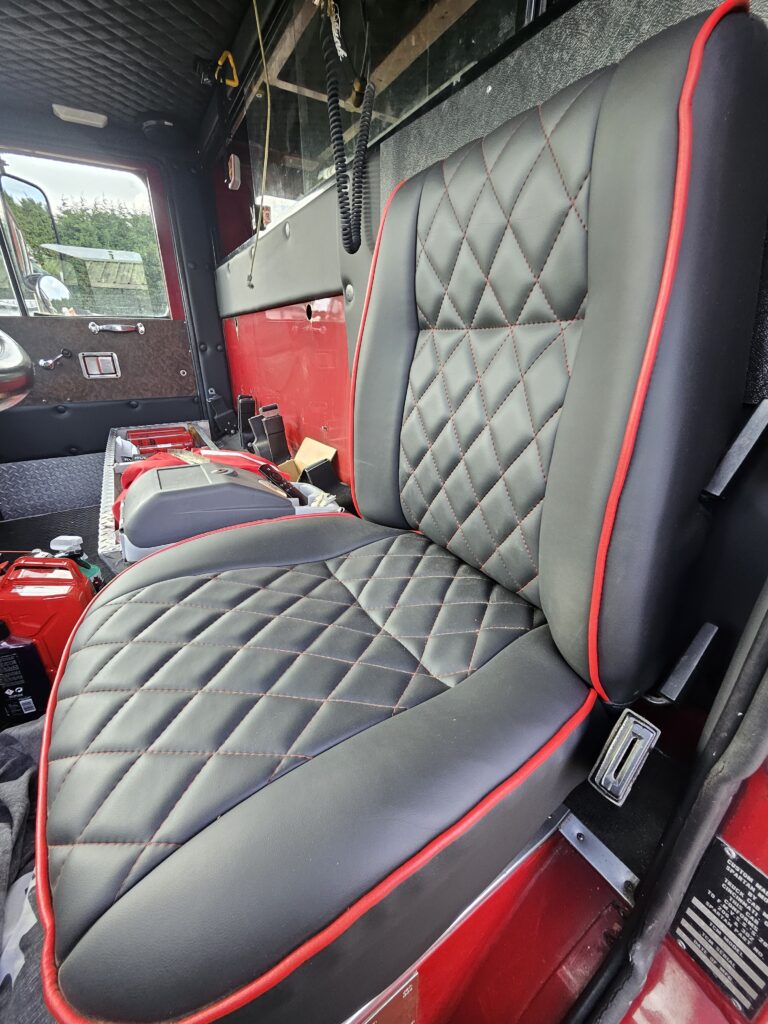 Diamond stitched fire truck upholstery on the Drivers Seat