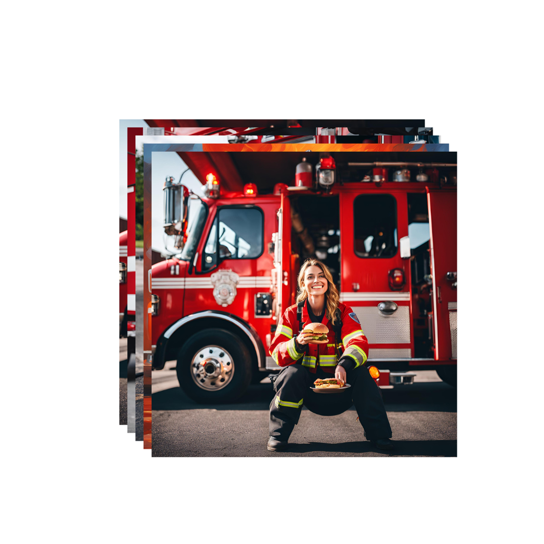 Firefighter Eating A Burger In Front Of A Fire Truck